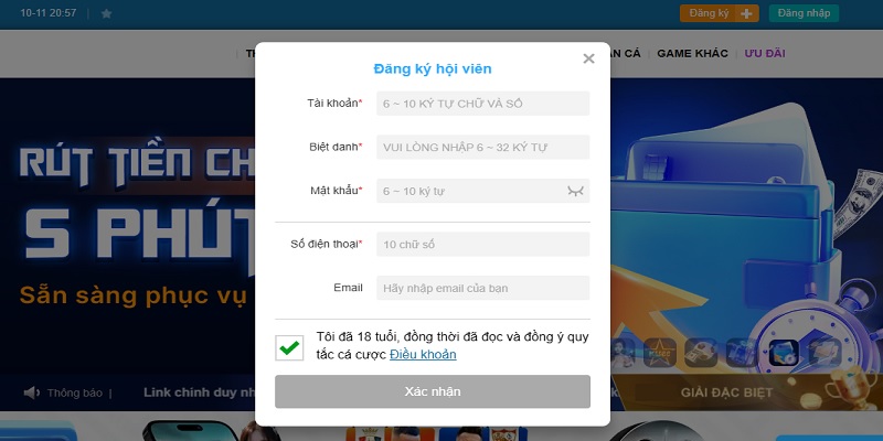 Điền thông tin vào mẫu đăng ký Kuwin