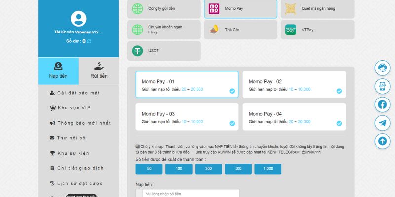Điền đầy đủ thông tin, chọn kênh nạp tiền kuwin